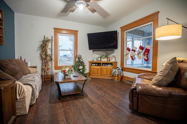 living room featuring ceiling fan and dark wood-type flooring