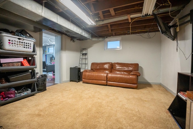 basement with carpet flooring