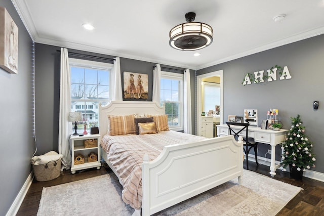 bedroom featuring dark wood-type flooring and crown molding