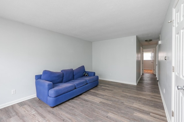 living room featuring wood-type flooring and a textured ceiling