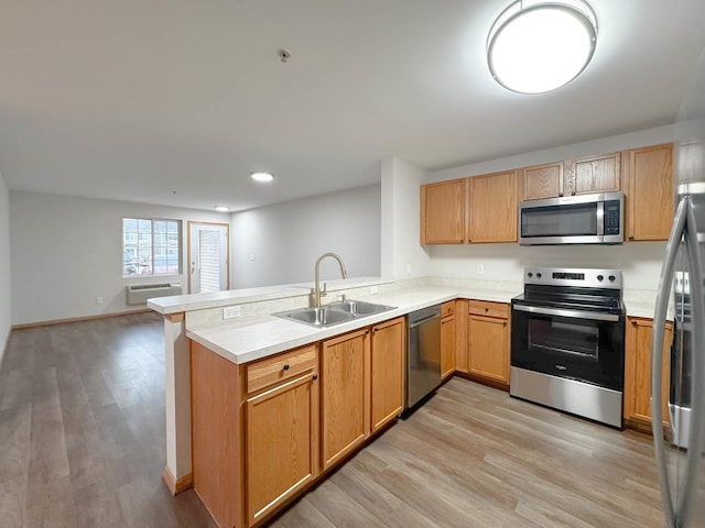 kitchen with light hardwood / wood-style floors, sink, kitchen peninsula, and stainless steel appliances