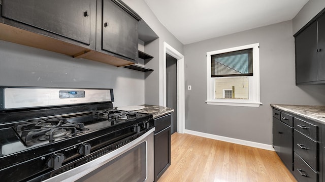 kitchen with stainless steel gas stove and light hardwood / wood-style flooring