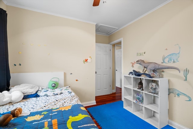 bedroom featuring ceiling fan, dark hardwood / wood-style flooring, and ornamental molding