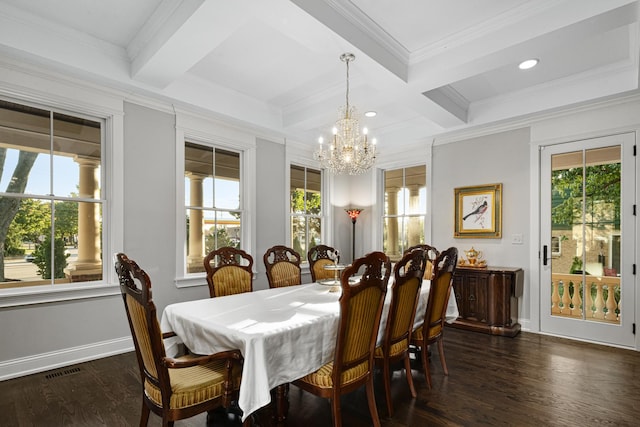 dining space featuring beamed ceiling, dark hardwood / wood-style flooring, ornamental molding, and coffered ceiling