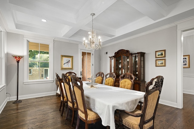 dining space featuring beamed ceiling, ornamental molding, dark wood-type flooring, and coffered ceiling