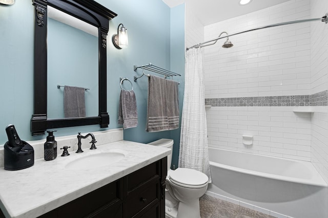 full bathroom with vanity, toilet, and shower / tub combo with curtain