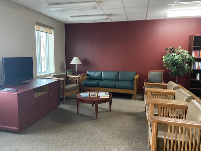 carpeted living room with a paneled ceiling