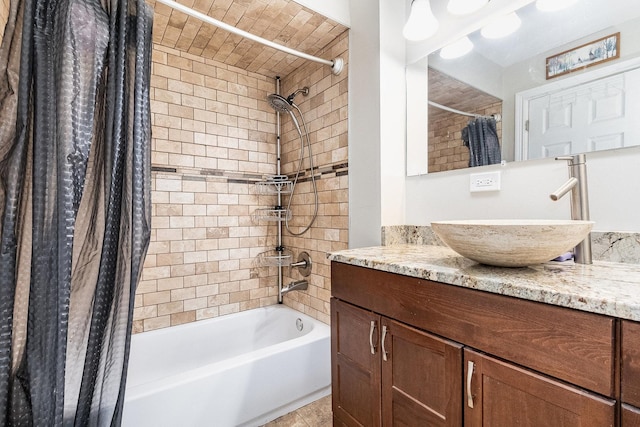 bathroom with vanity and shower / bath combo with shower curtain