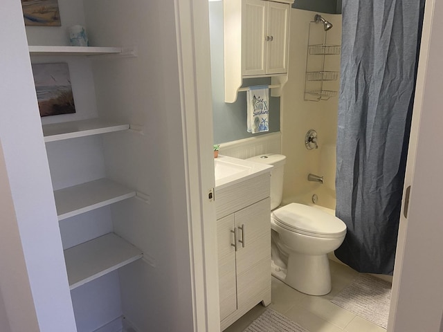 full bathroom featuring vanity, tile patterned flooring, shower / bathtub combination with curtain, and toilet