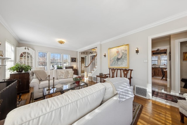 living room with crown molding and wood-type flooring