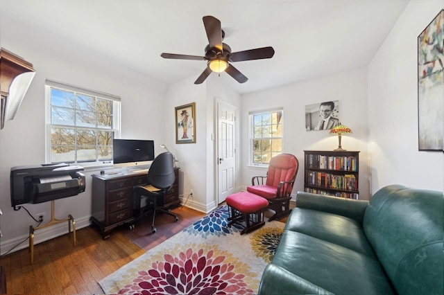 home office featuring ceiling fan and dark hardwood / wood-style floors