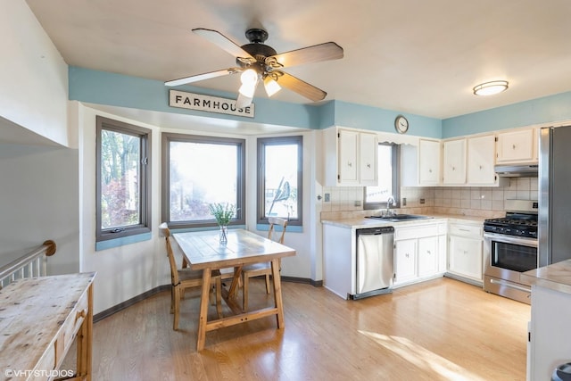 kitchen featuring backsplash, stainless steel appliances, sink, white cabinets, and light hardwood / wood-style floors