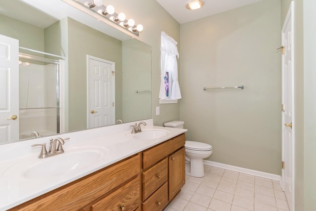 bathroom with vanity, tile patterned flooring, toilet, and walk in shower