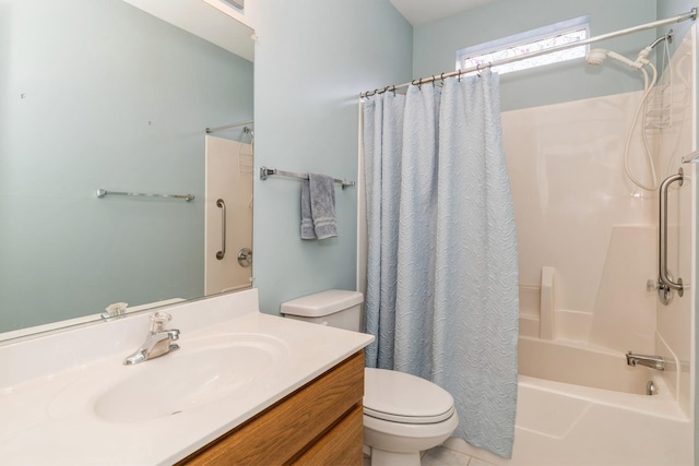 full bathroom with vanity, toilet, and shower / bathtub combination with curtain