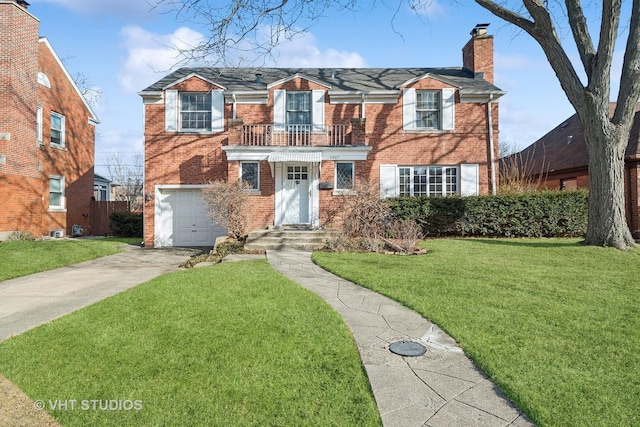 view of front of house with a garage, a balcony, and a front lawn