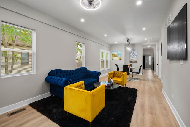 living room featuring light wood-type flooring and a healthy amount of sunlight