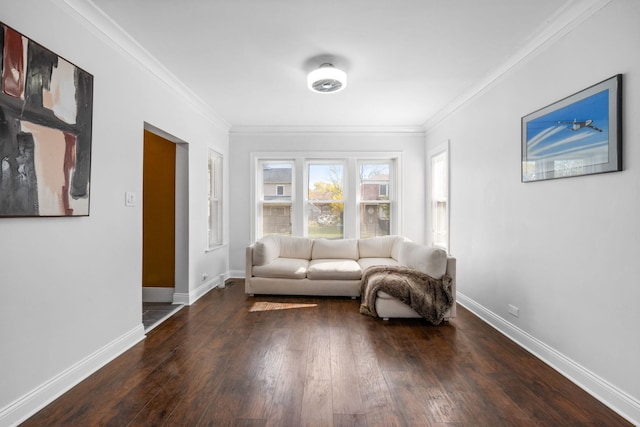 living area featuring dark hardwood / wood-style flooring and crown molding