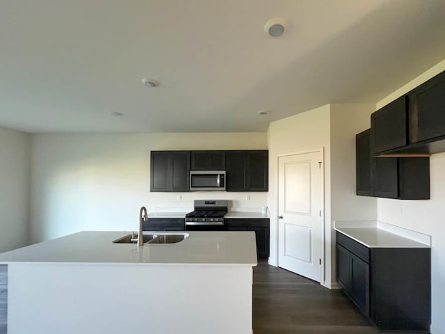 kitchen featuring sink, dark hardwood / wood-style floors, a center island with sink, and appliances with stainless steel finishes