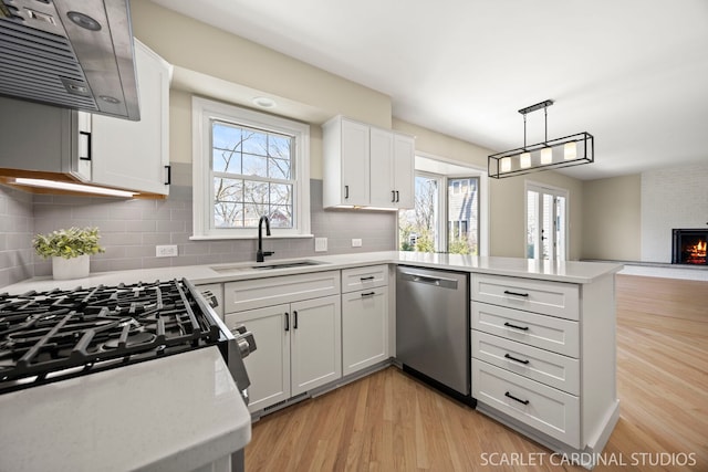 kitchen with dishwasher, a fireplace, a peninsula, light wood-style floors, and a sink