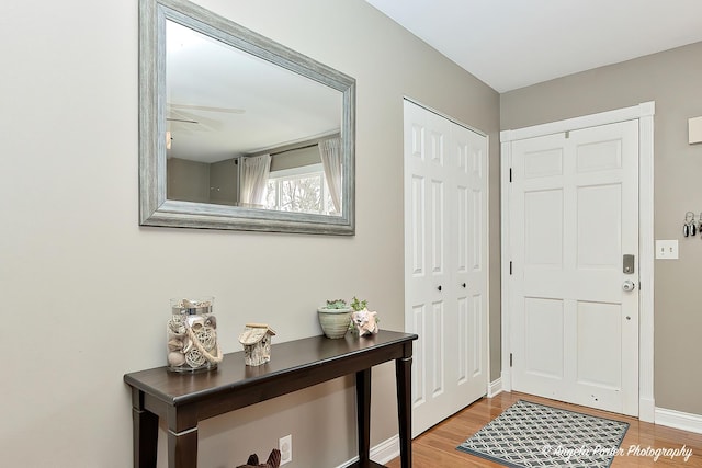 foyer with hardwood / wood-style floors and ceiling fan