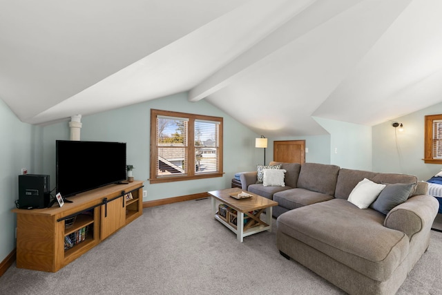 living area with baseboards, carpet floors, and vaulted ceiling with beams