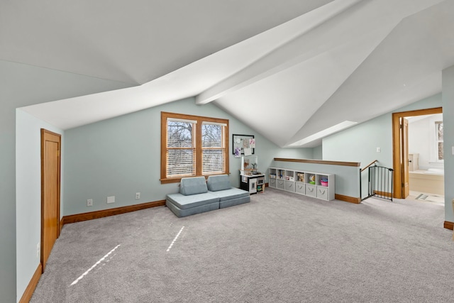 bonus room with lofted ceiling with beams, baseboards, and carpet floors