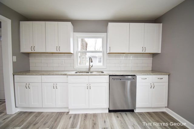 kitchen with white cabinetry, stainless steel dishwasher, tasteful backsplash, and sink