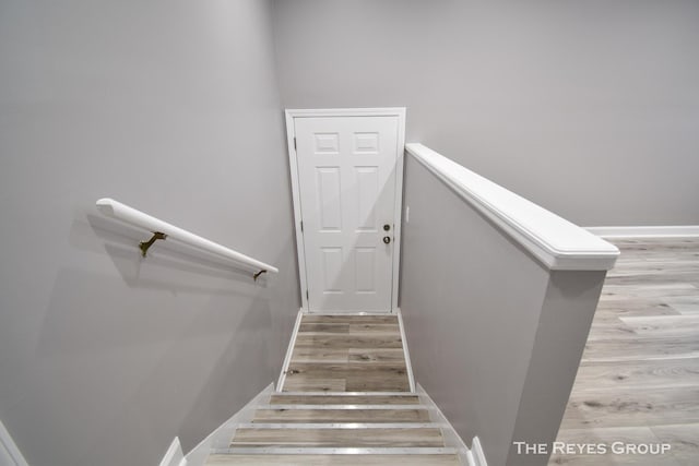 staircase with hardwood / wood-style floors