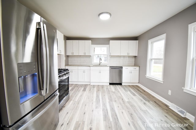 kitchen featuring sink, stainless steel appliances, tasteful backsplash, light hardwood / wood-style floors, and white cabinets