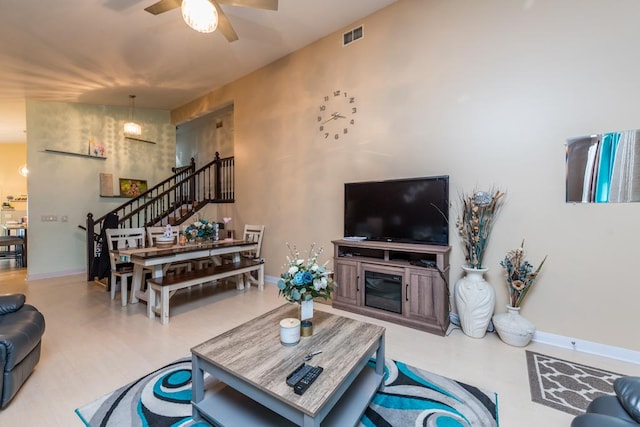 living room featuring ceiling fan