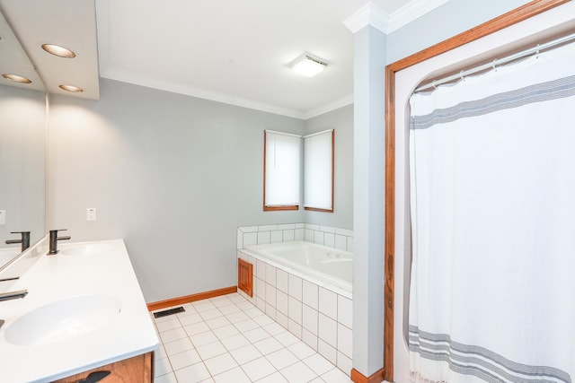 bathroom featuring tile patterned floors, vanity, a relaxing tiled tub, and ornamental molding