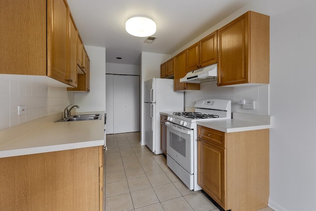 kitchen featuring backsplash, white appliances, sink, and light tile patterned floors