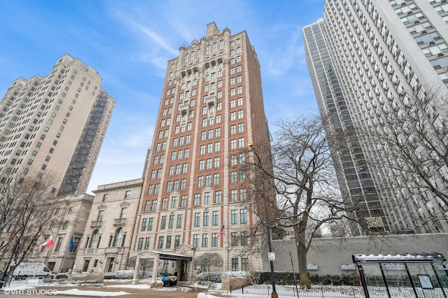 view of snow covered building