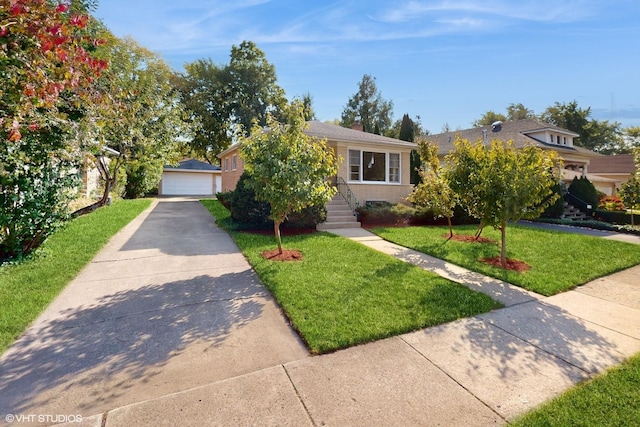 view of front of home featuring a front yard, a garage, brick siding, and an outdoor structure