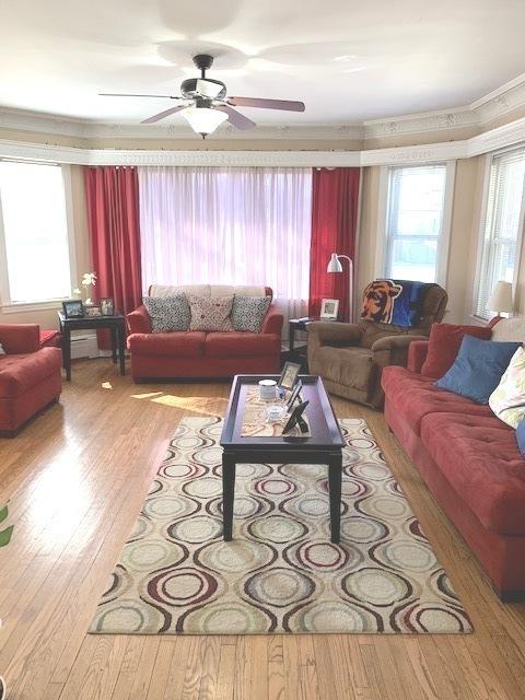 living room with ceiling fan and light wood-type flooring