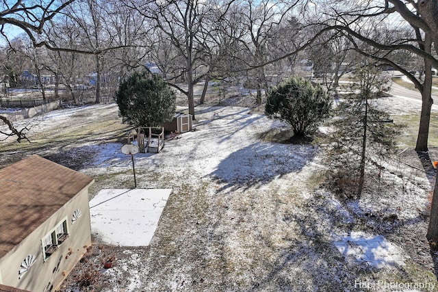 yard covered in snow featuring a storage unit