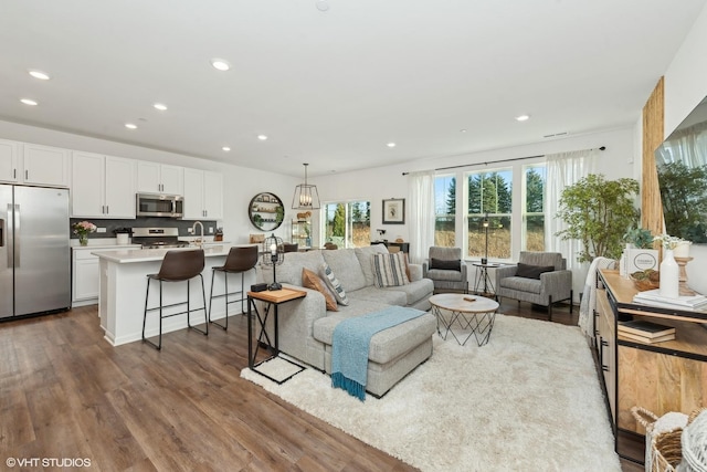 living room with sink and dark wood-type flooring