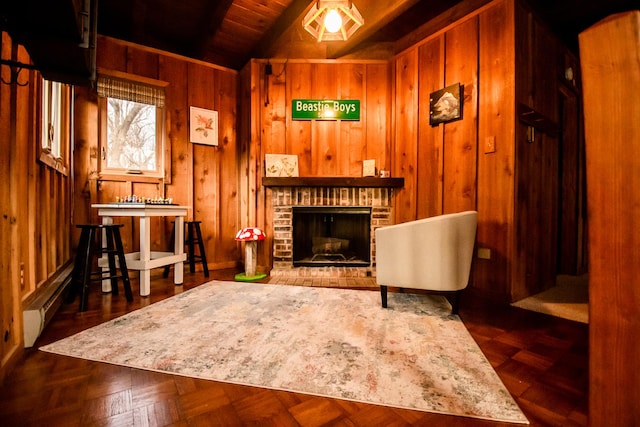 living area featuring wood walls, dark parquet flooring, lofted ceiling, a fireplace, and wood ceiling