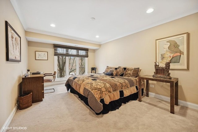 carpeted bedroom with crown molding