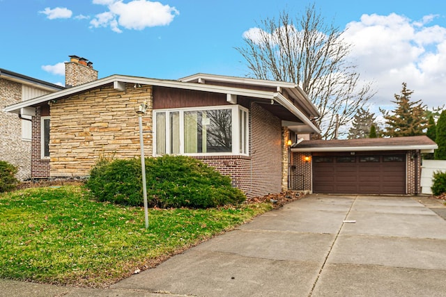 view of property exterior with a garage and a yard