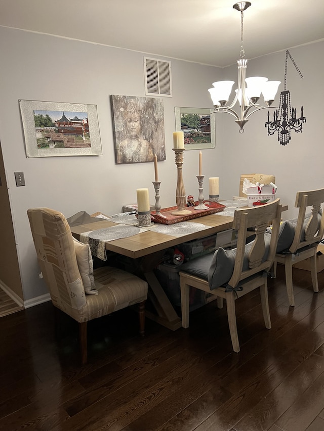 dining room featuring dark hardwood / wood-style floors and a chandelier