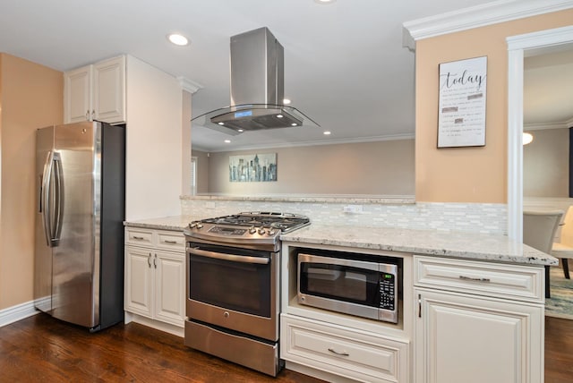 kitchen featuring light stone counters, stainless steel appliances, tasteful backsplash, and island range hood