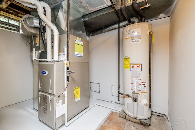 utility room featuring heating unit and water heater