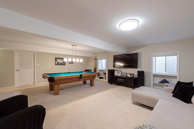 playroom featuring light carpet and billiards