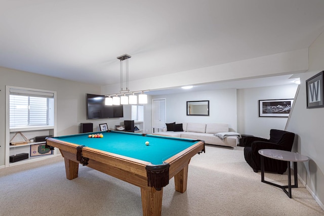 game room with billiards and light colored carpet