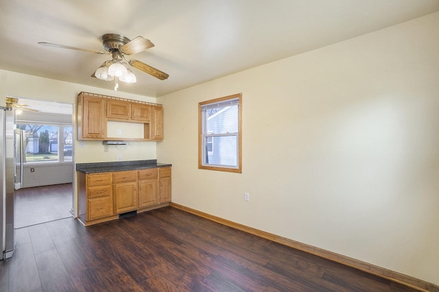 kitchen with dark hardwood / wood-style floors and ceiling fan