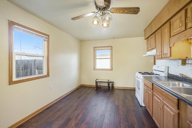 kitchen featuring ceiling fan, sink, dark hardwood / wood-style floors, decorative backsplash, and white gas range oven