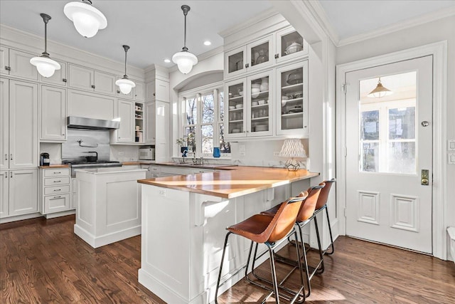 kitchen with a kitchen island, pendant lighting, range hood, white cabinets, and a kitchen breakfast bar