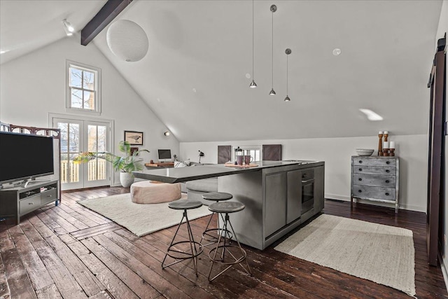 interior space with dark wood-type flooring, high vaulted ceiling, french doors, and beamed ceiling