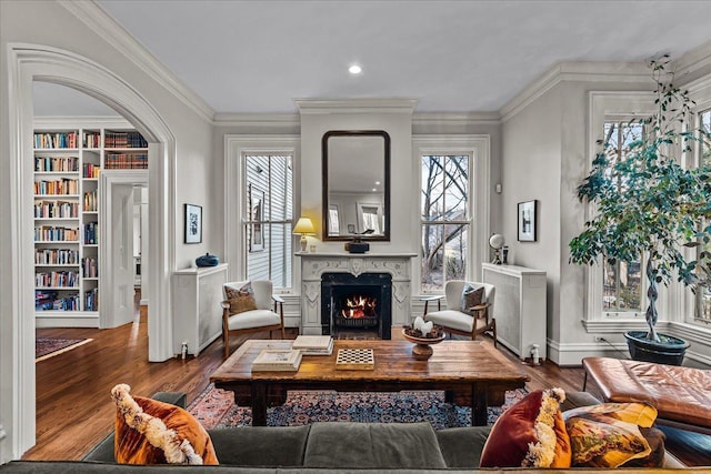 sitting room featuring plenty of natural light, radiator, and dark wood-type flooring